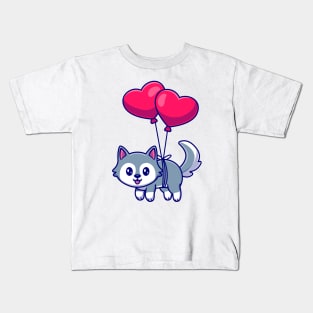 Cute Husky Dog Floating With Heart Balloons Kids T-Shirt